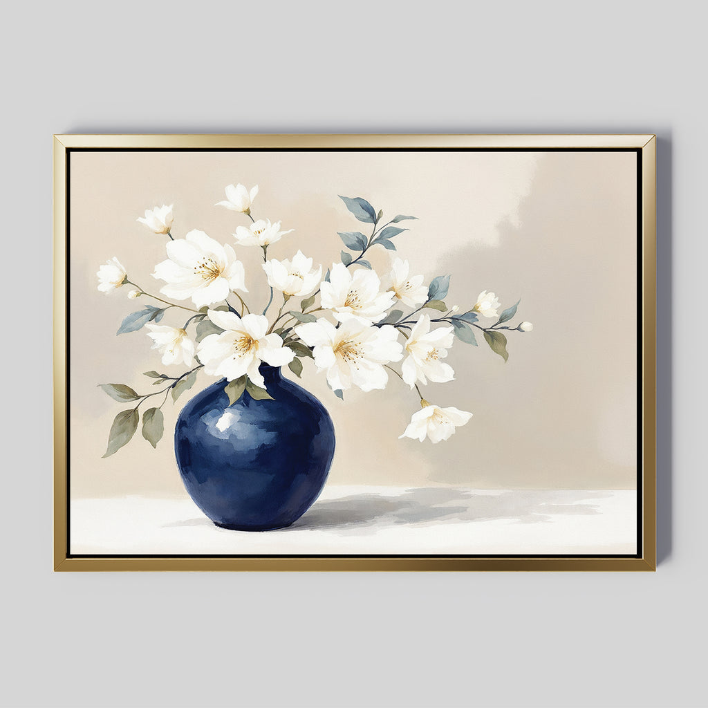 The Porcelain Dreams Canvas Art - Horizontal features white flowers with green leaves in a round blue vase on a soft beige backdrop, showcasing a light and elegant minimalist Nordic Park-inspired style.
