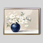 The Porcelain Dreams Canvas Art - Horizontal features white flowers with green leaves in a round blue vase on a soft beige backdrop, showcasing a light and elegant minimalist Nordic Park-inspired style.