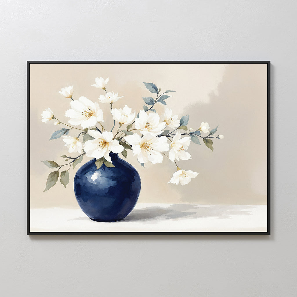 Porcelain Dreams Canvas Art - Horizontal features a framed botanical print of white flowers and green leaves in a round, dark blue vase on a light beige background, exuding soft, minimalist floral elegance.