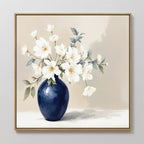 The Porcelain Dreams Canvas Art - Square features a minimalistic, elegant painting of white flowers with green leaves in a round navy blue vase against a beige background, showcasing refined floral artistry.