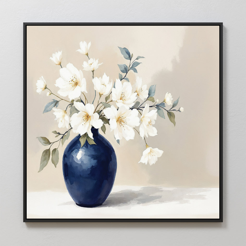 Porcelain Dreams Canvas Art - Square features white flowers with green leaves in a glossy navy blue vase, set against a soft beige background and framed in black, showcasing exquisite floral artistry.