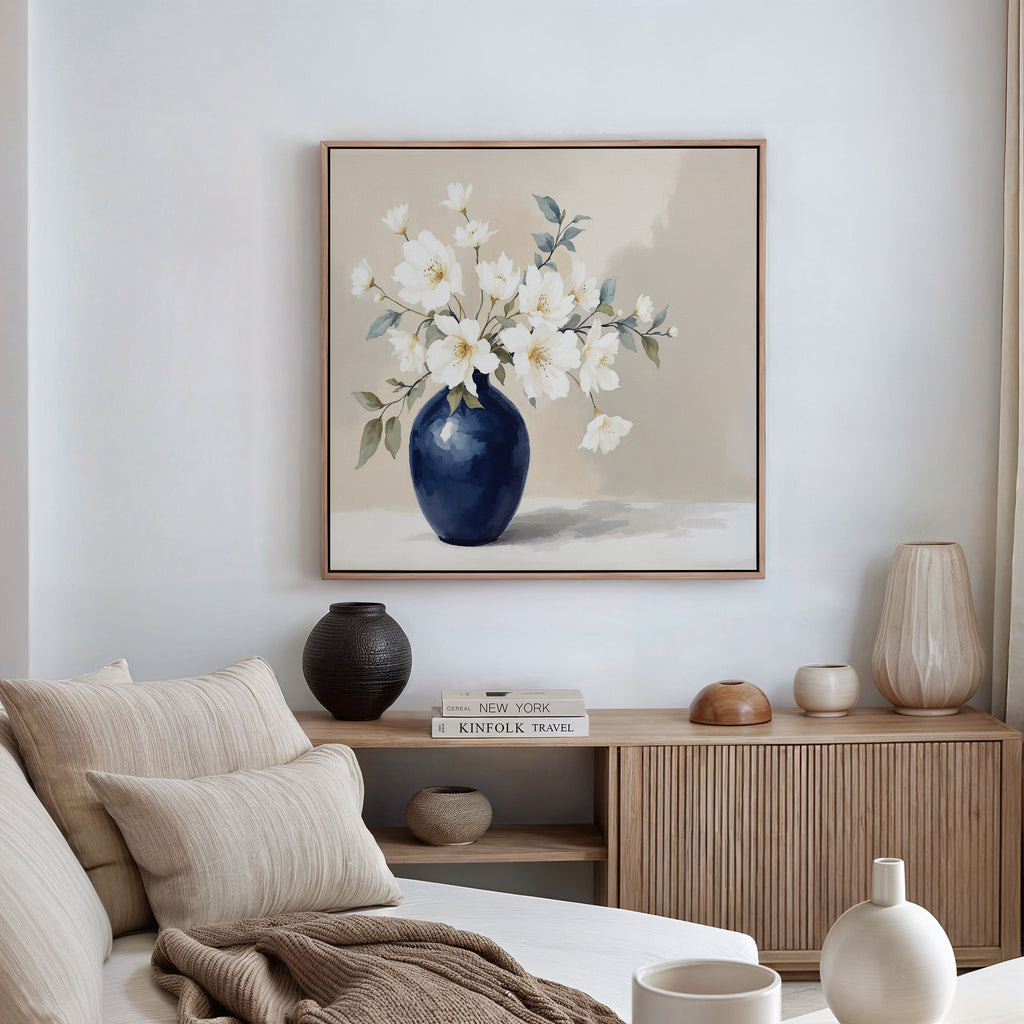 A modern, neutral-toned living room features a beige sofa with throw pillows, a wooden sideboard with vases and books, and the Porcelain Dreams Canvas Art - Square painting of white flowers in a navy blue vase hanging on the wall.