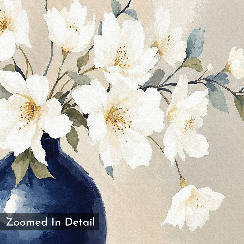 A close-up of white flowers with yellow centers and green leaves in a navy blue vase on a soft beige background. Text "Zoomed In Detail" at the bottom left highlights the Porcelain Dreams Canvas Art - Square’s floral artistry.
