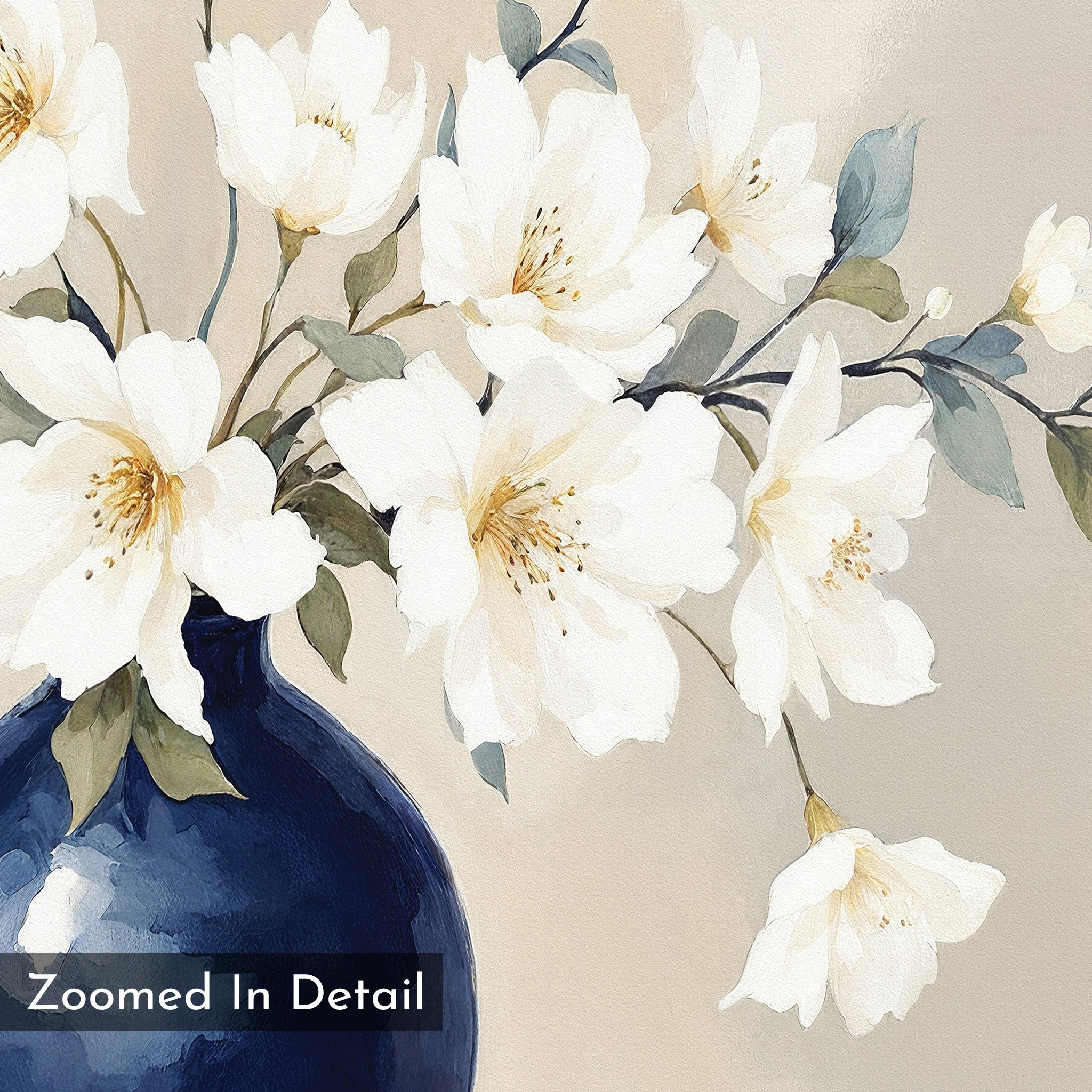 A close-up of white flowers with yellow centers and green leaves in a navy blue vase on a soft beige background. Text "Zoomed In Detail" at the bottom left highlights the Porcelain Dreams Canvas Art - Square’s floral artistry.