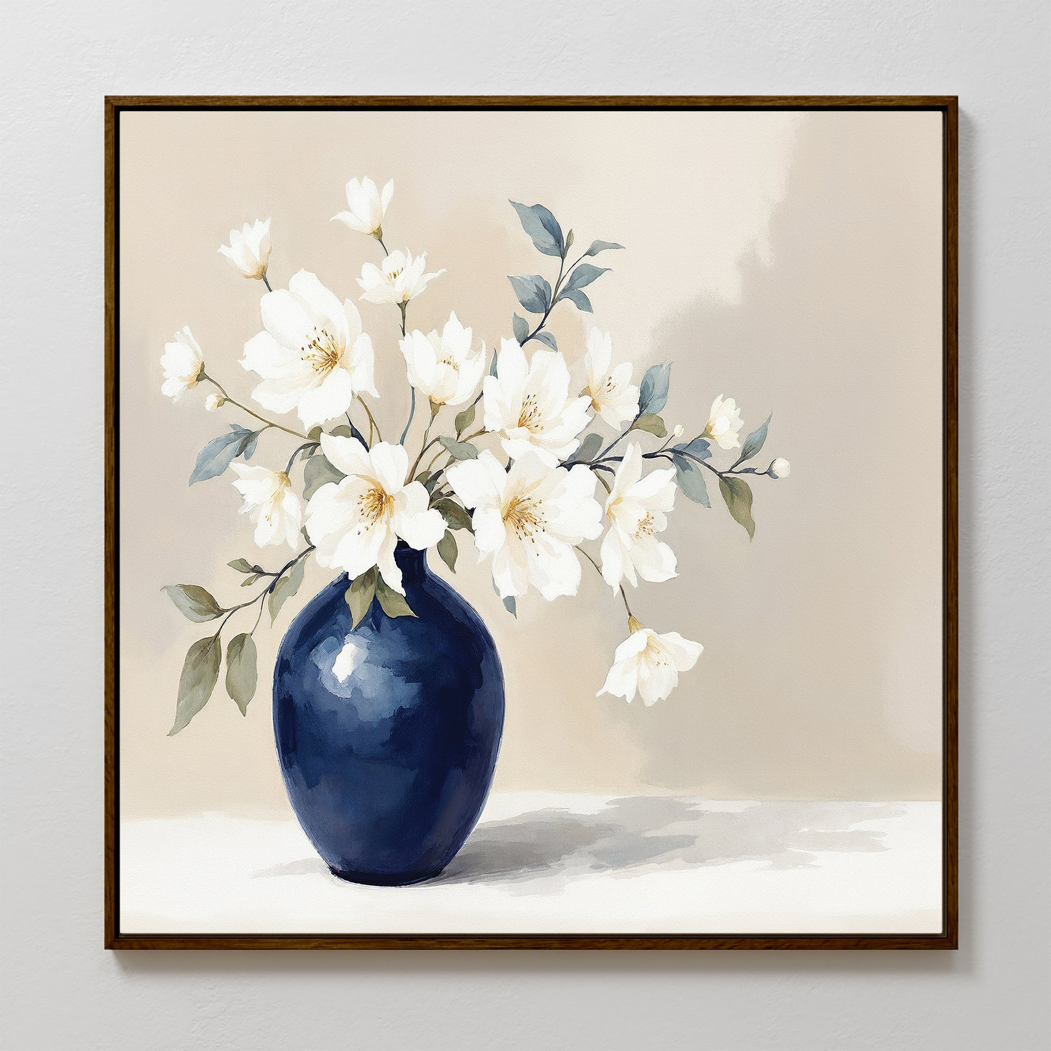 Porcelain Dreams Canvas Art - Square features white flowers with green leaves in a glossy navy blue vase against a light beige background, creating a striking display of floral artistry.