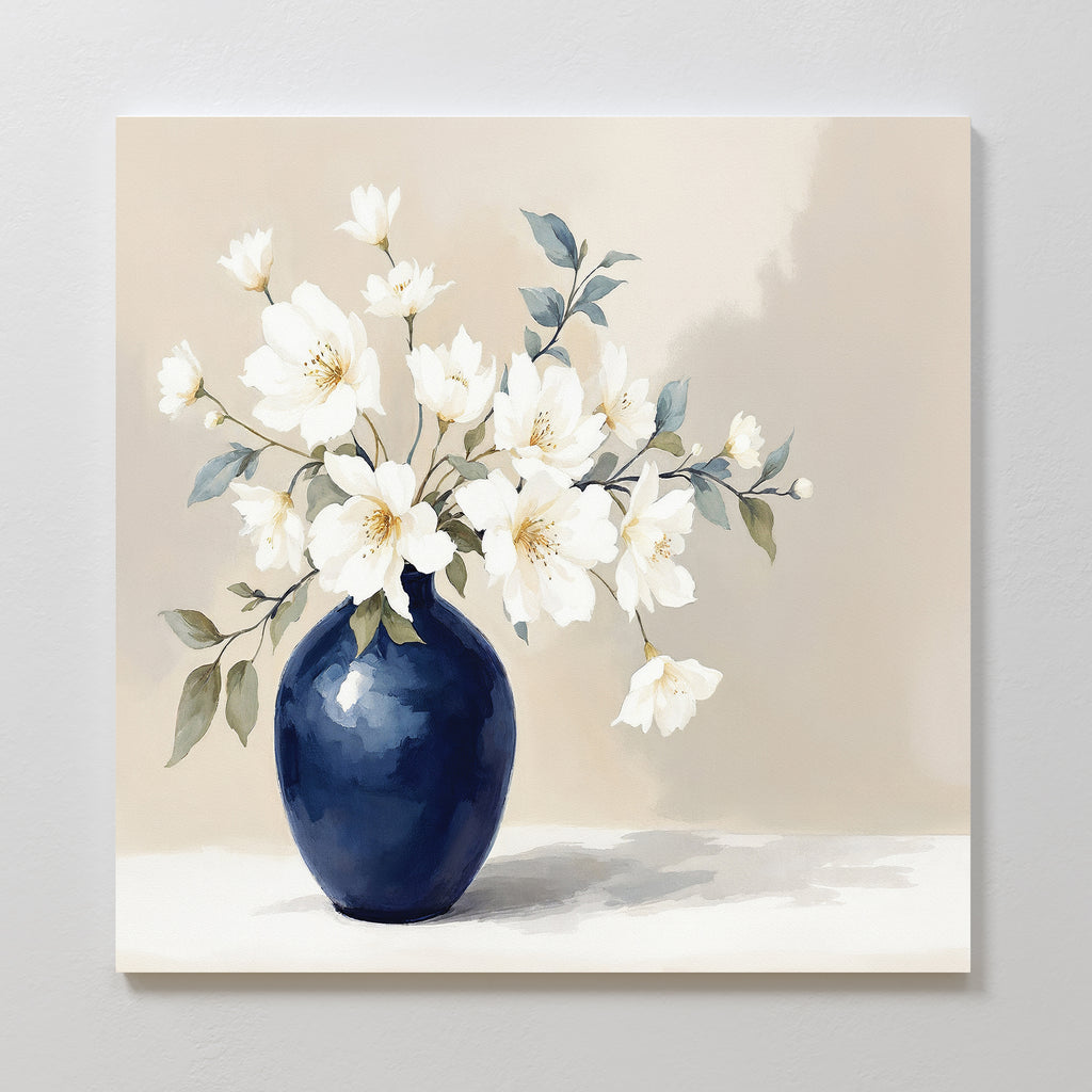 The Porcelain Dreams Canvas Art - Square features white flowers and green leaves in a navy vase on a light background with soft shadows, bringing elegant floral artistry to any space.
