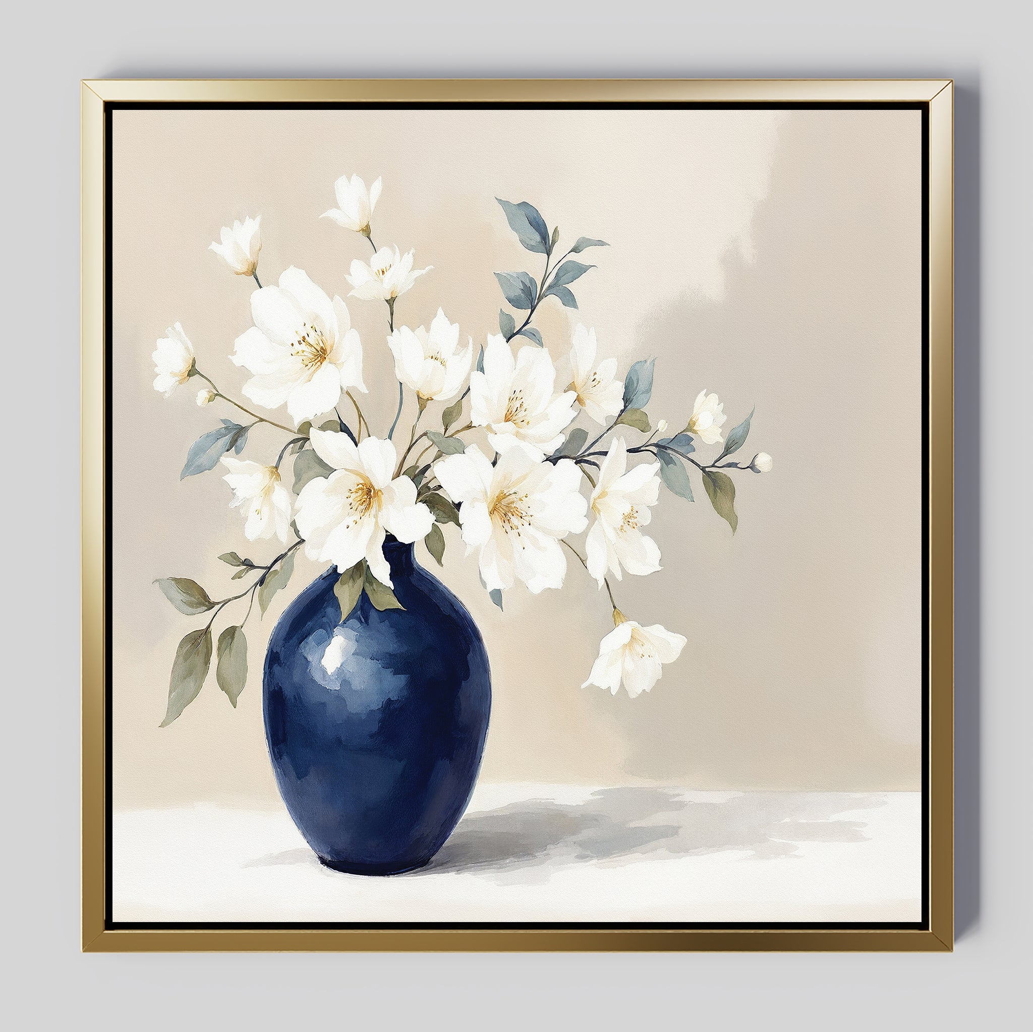 The Porcelain Dreams Canvas Art - Square showcases white flowers with green leaves in a navy blue vase against a soft beige background—an elegant touch for your space.