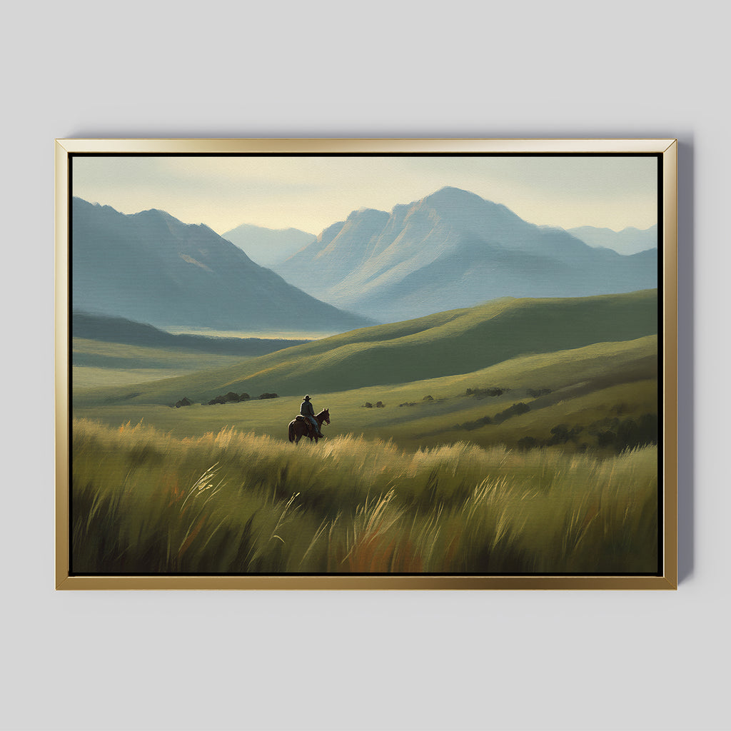The Prairie Wanderer Canvas Art - Horizontal features a horseback rider traveling through grassy hills with mountains and a hazy sky, making it the perfect prairie decor accent for your space.