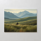 A lone rider travels grassy fields with rolling hills and misty mountains below a soft sky—Prairie Wanderer Canvas Art - Horizontal adds western flair to your wall, perfect for prairie decor or mountain landscape collections.
