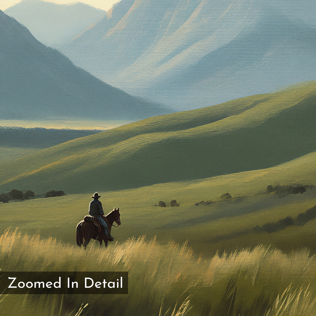 A rider on horseback journeys through tall grass in a sunlit valley with hills and mountains. The painted, textured look of the Prairie Wanderer Canvas Art - Horizontal makes it ideal prairie or western wall decor. Text: Zoomed In Detail.