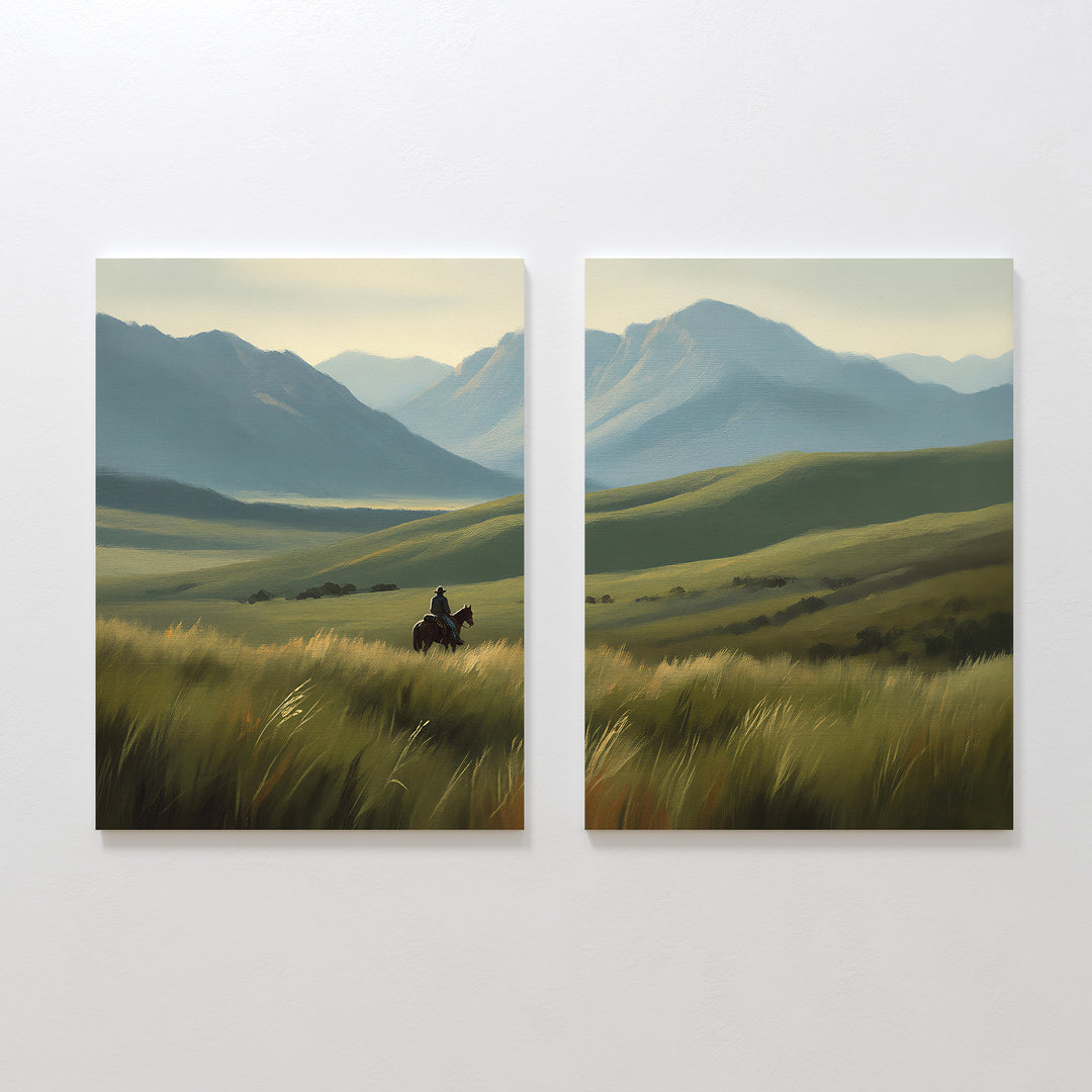 Prairie Wanderer - Set of 2 features square canvas prints of a grassy prairie with distant mountains: one shows a lone horseback rider in tall grass; the other continues the serene landscape with soft light and rolling hills.