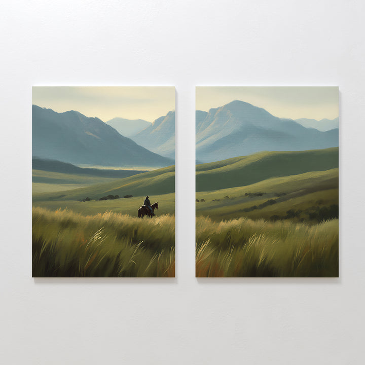 Prairie Wanderer - Set of 2 features square canvas prints of a grassy prairie with distant mountains: one shows a lone horseback rider in tall grass; the other continues the serene landscape with soft light and rolling hills.