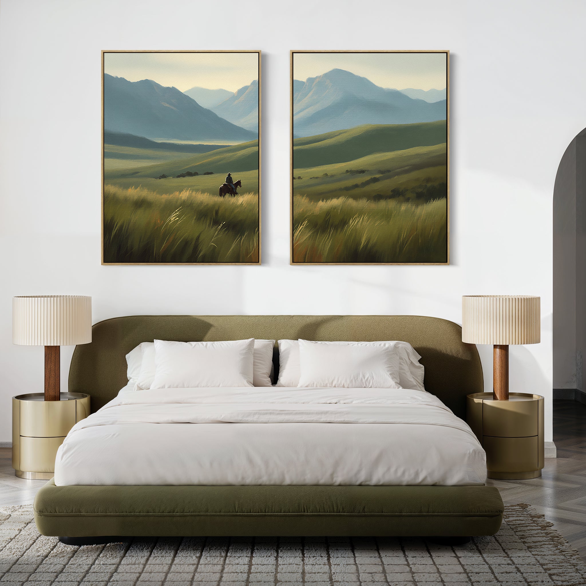 A modern bedroom features a low green bed, beige bedding, two round nightstands with matching lamps, and the Prairie Wanderer - Set of 2 canvas prints displayed above the headboard.