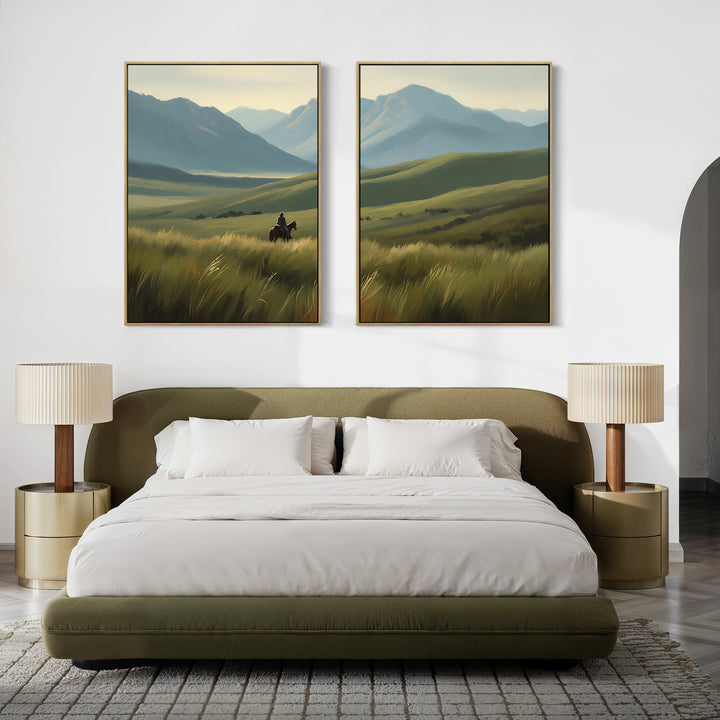 A modern bedroom features a low green bed, beige bedding, two round nightstands with matching lamps, and the Prairie Wanderer - Set of 2 canvas prints displayed above the headboard.