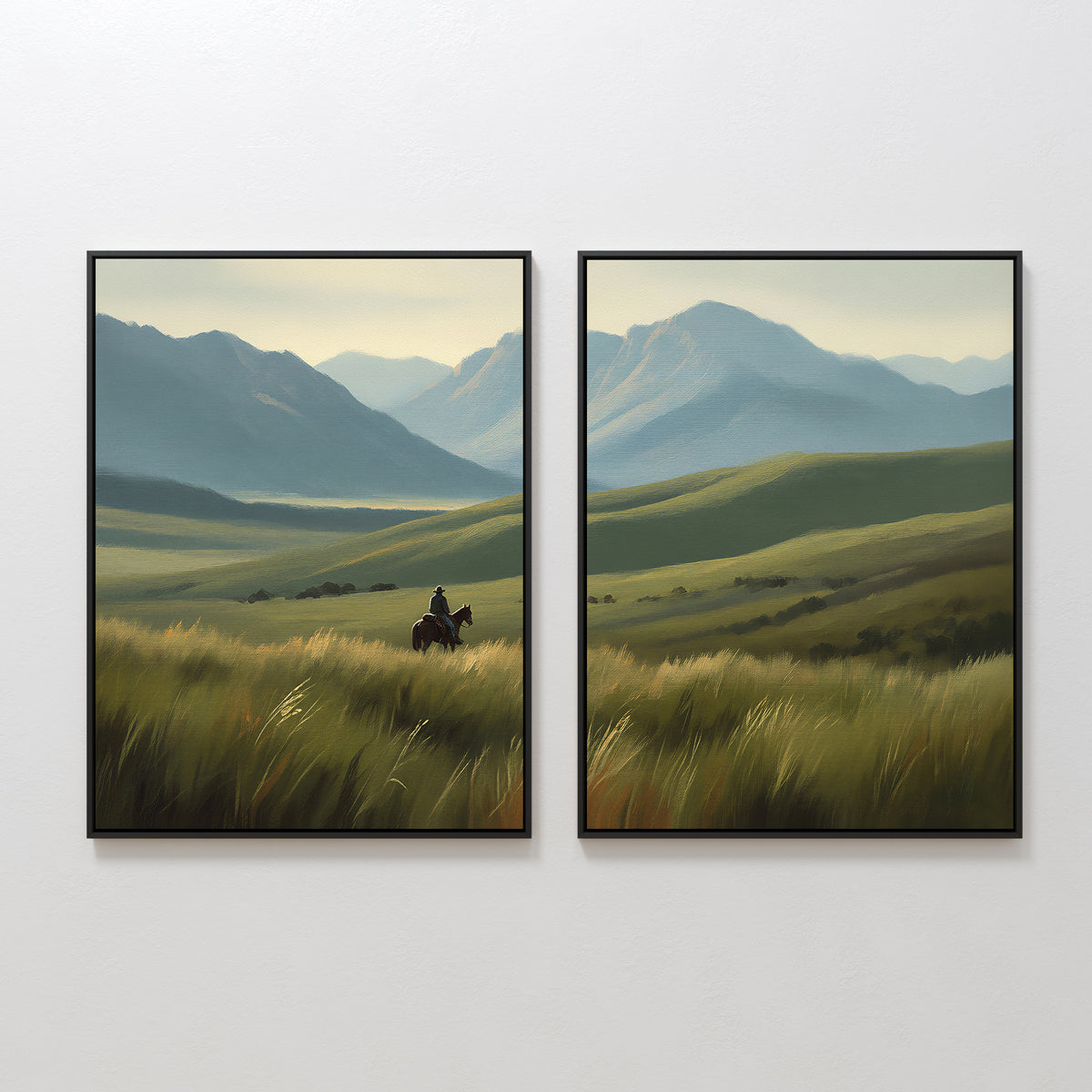 Prairie Wanderer - Set of 2 features framed western wall art: the left canvas shows a lone rider on green hills, while the right print continues with serene blue mountains and prairie landscape.