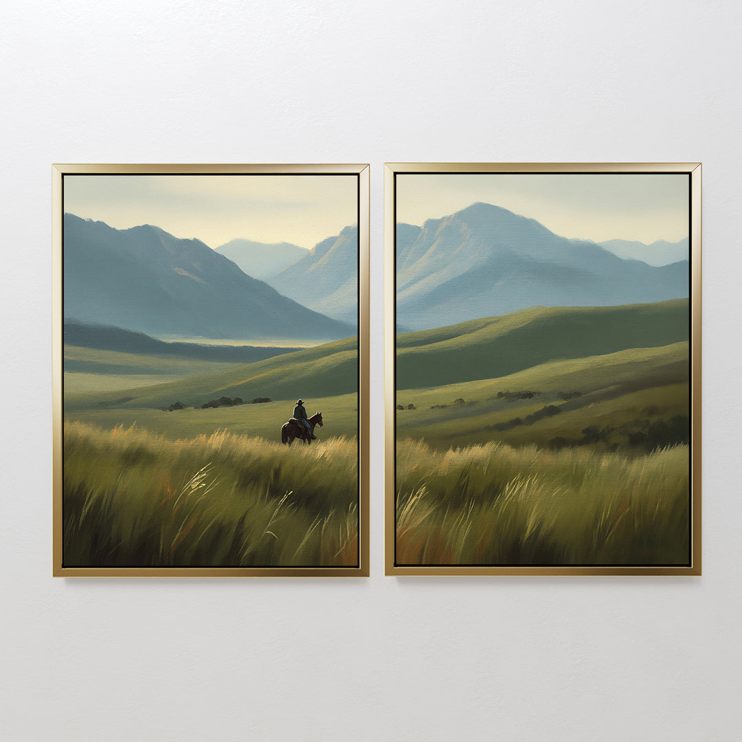 Prairie Wanderer - Set of 2 features framed wall art: one canvas shows a lone horseback rider in rolling green hills, while the other continues the prairie landscape with distant mountains under a hazy sky.