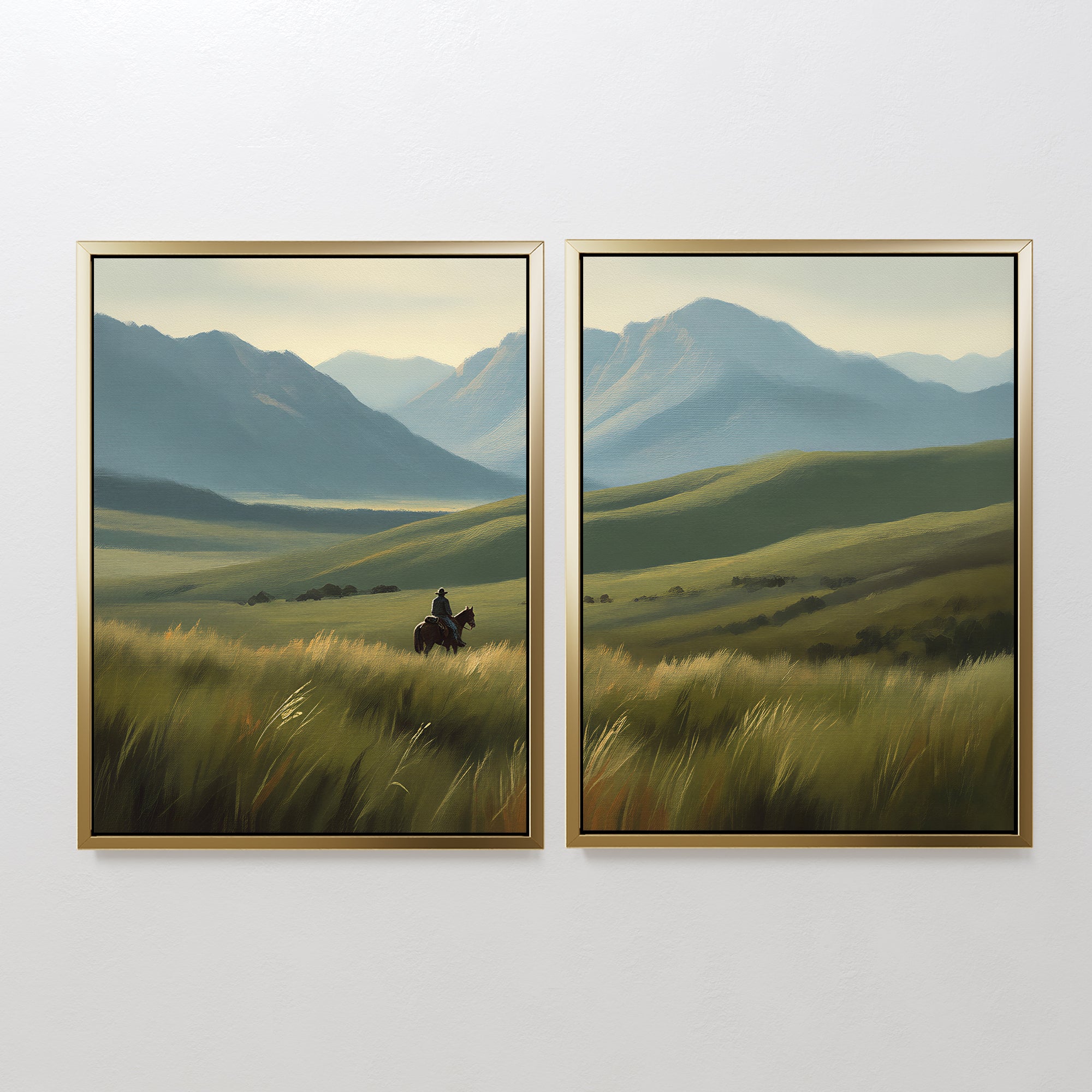 Prairie Wanderer - Set of 2 features framed wall art: one canvas shows a lone horseback rider in rolling green hills, while the other continues the prairie landscape with distant mountains under a hazy sky.
