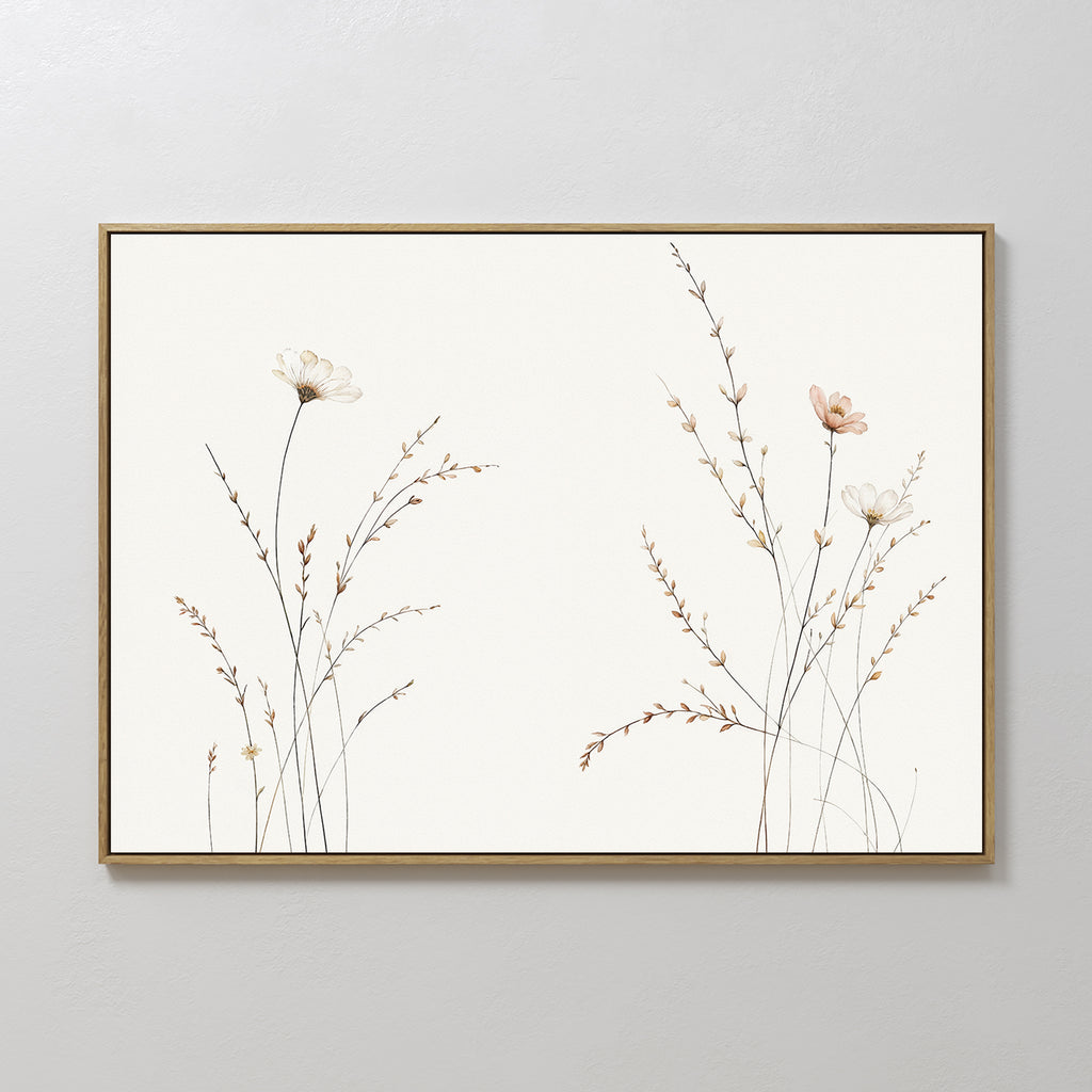 Prairie Whispers Canvas Art - Horizontal features delicate, hand-drawn wildflowers and grasses with thin stems and pale blooms on a white background, framed in simple wood for a serene, minimalist touch.