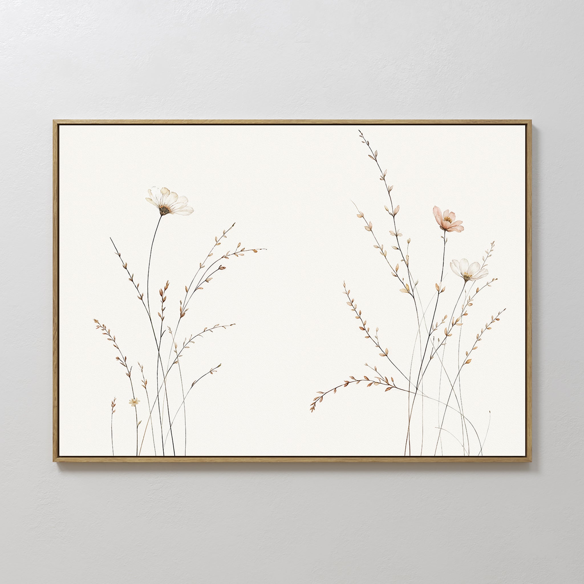 Prairie Whispers Canvas Art - Horizontal features delicate, hand-drawn wildflowers and grasses with thin stems and pale blooms on a white background, framed in simple wood for a serene, minimalist touch.