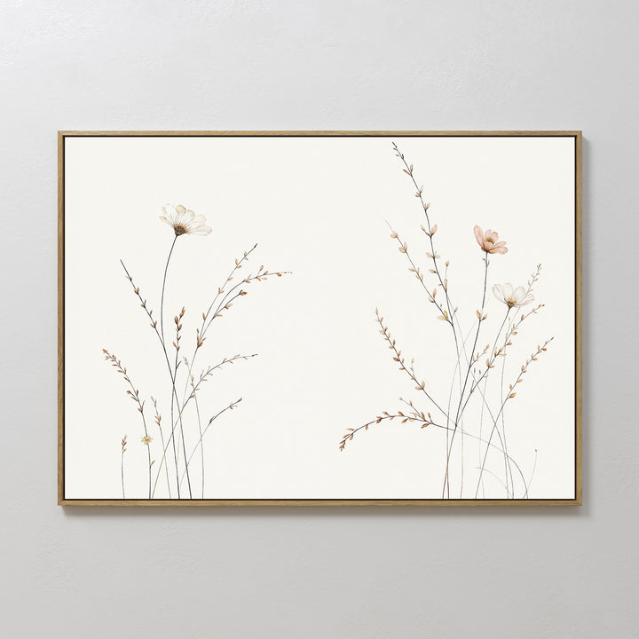 Prairie Whispers Canvas Art - Horizontal features delicate, hand-drawn wildflowers and grasses with thin stems and pale blooms on a white background, framed in simple wood for a serene, minimalist touch.