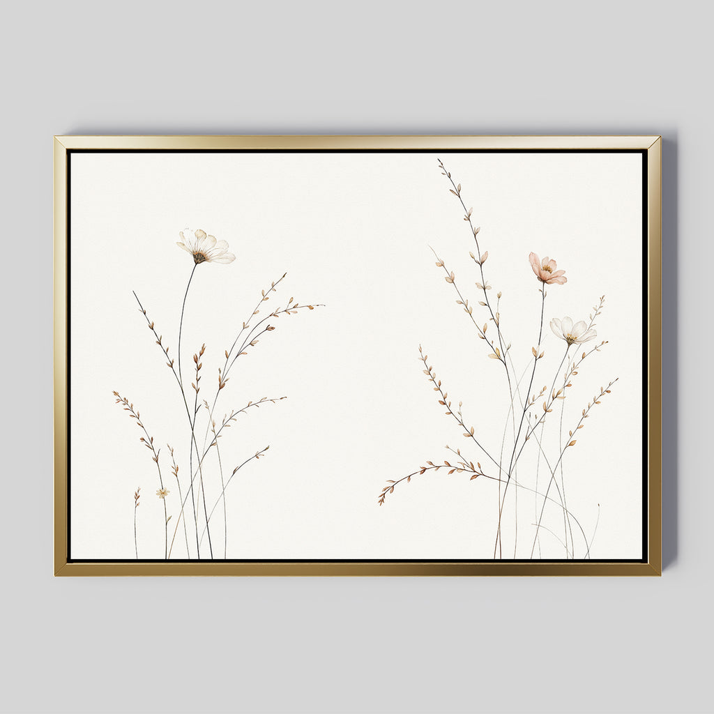 Prairie Whispers Canvas Art - Horizontal features delicate wildflowers and grasses in fine lines and soft pastels, set in a slim gold frame on a light gray background, creating a minimalist and tranquil botanical accent.