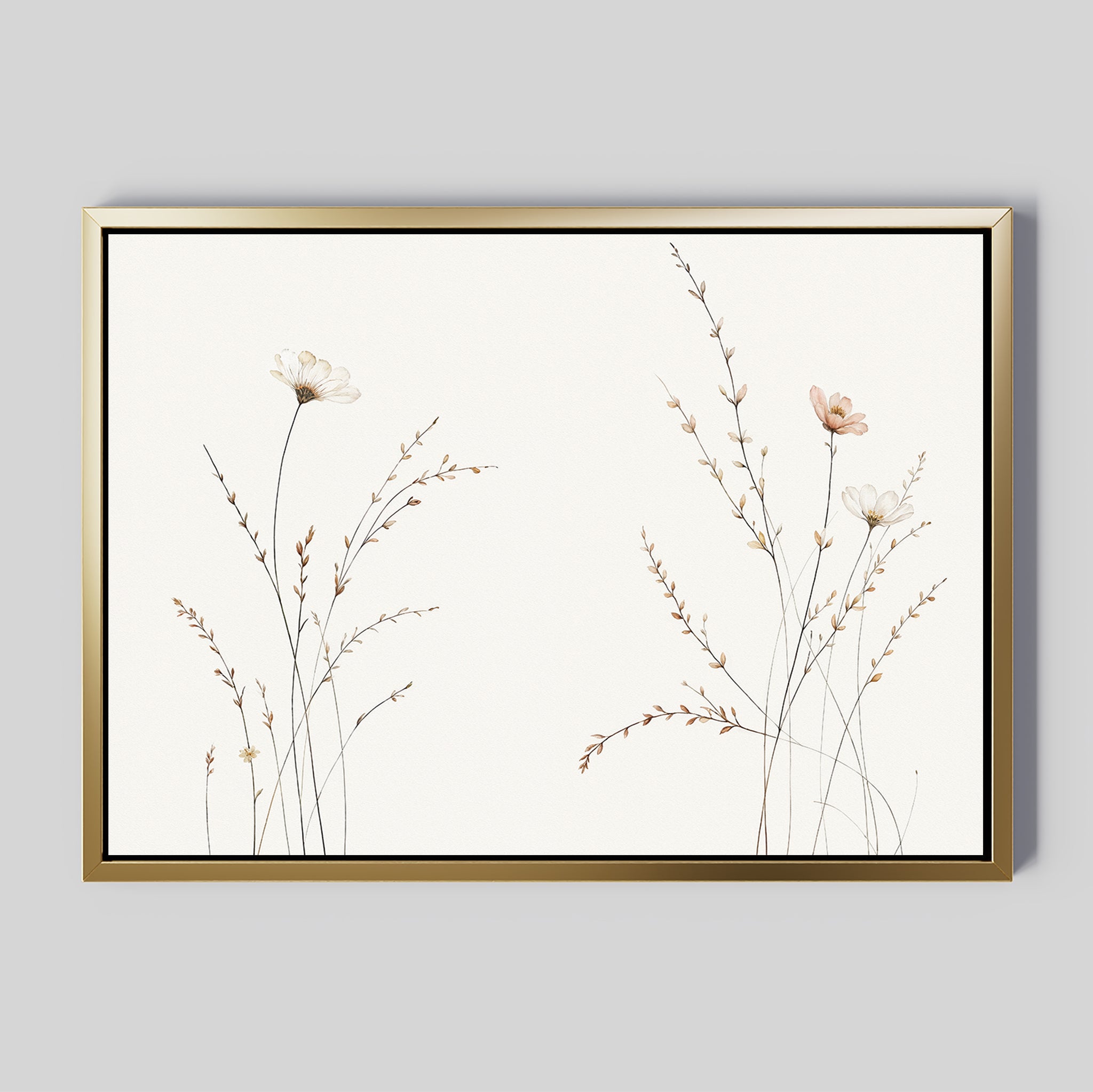 Prairie Whispers Canvas Art - Horizontal features delicate wildflowers and grasses in fine lines and soft pastels, set in a slim gold frame on a light gray background, creating a minimalist and tranquil botanical accent.