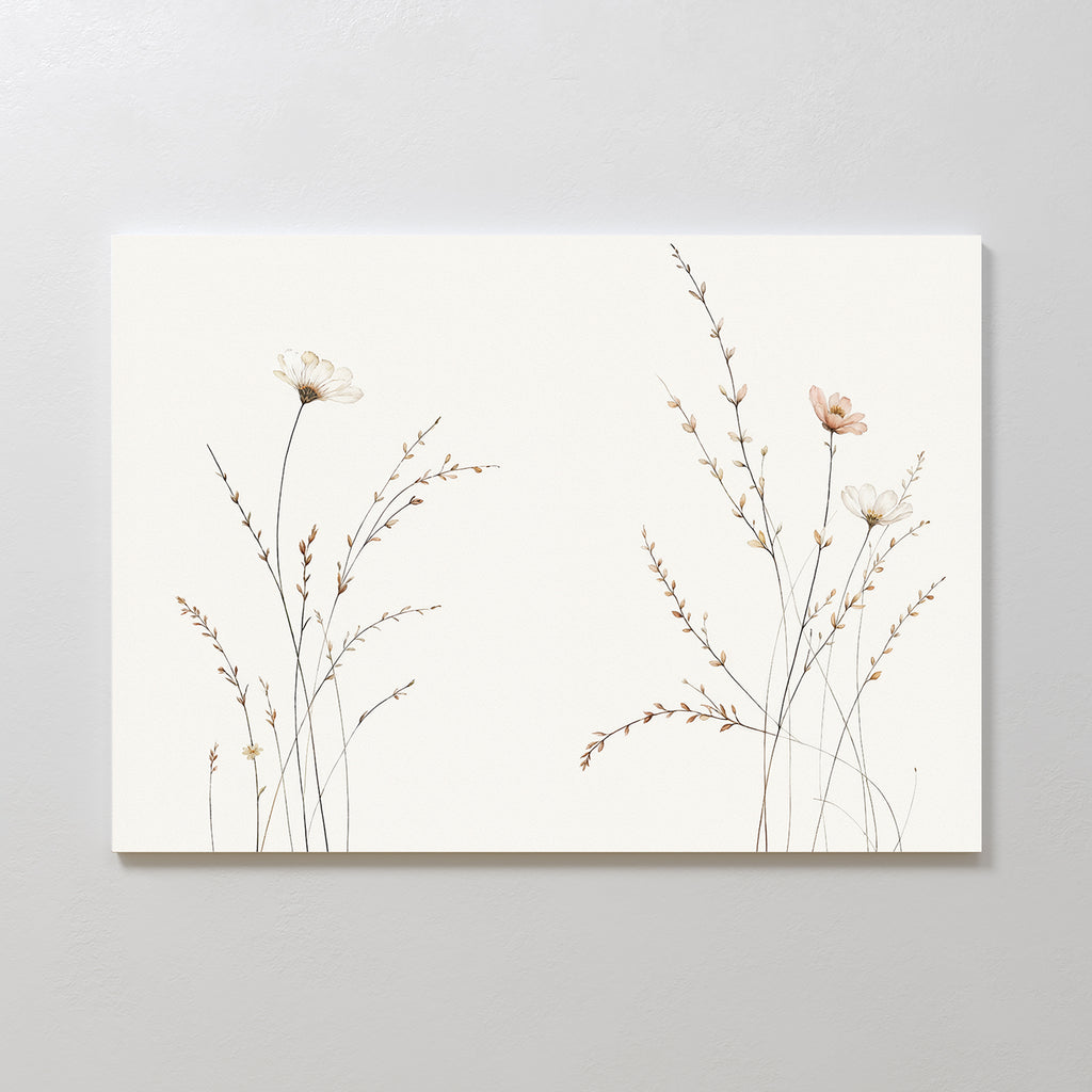 The Prairie Whispers Canvas Art - Horizontal features delicate wildflowers and wispy stems on a neutral background, using soft, muted colors to create elegant botanical artwork that adds natural tranquility to any space.