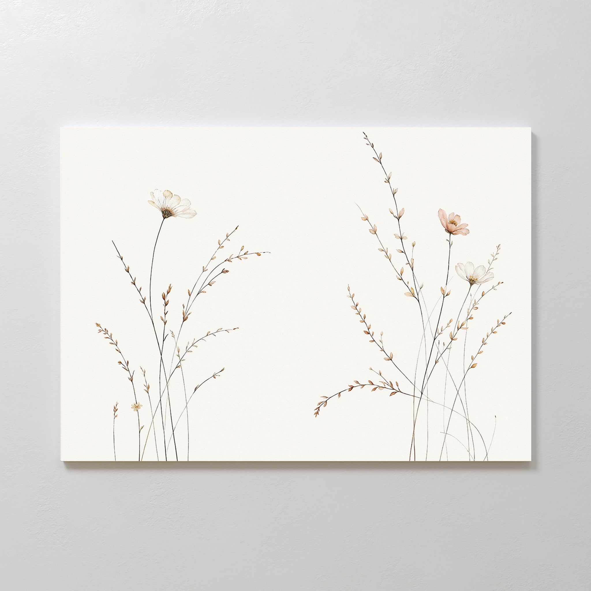 The Prairie Whispers Canvas Art - Horizontal features delicate wildflowers and wispy stems on a neutral background, using soft, muted colors to create elegant botanical artwork that adds natural tranquility to any space.