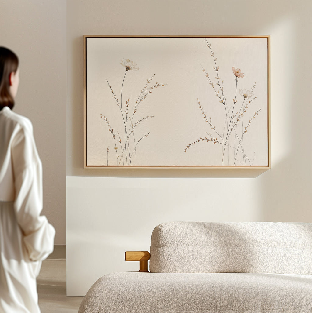Dressed in white, a person stands by a beige sofa, admiring the Prairie Whispers Canvas Art - Horizontal with delicate wildflowers on a minimalist light wall, creating a modern living room of natural tranquility.