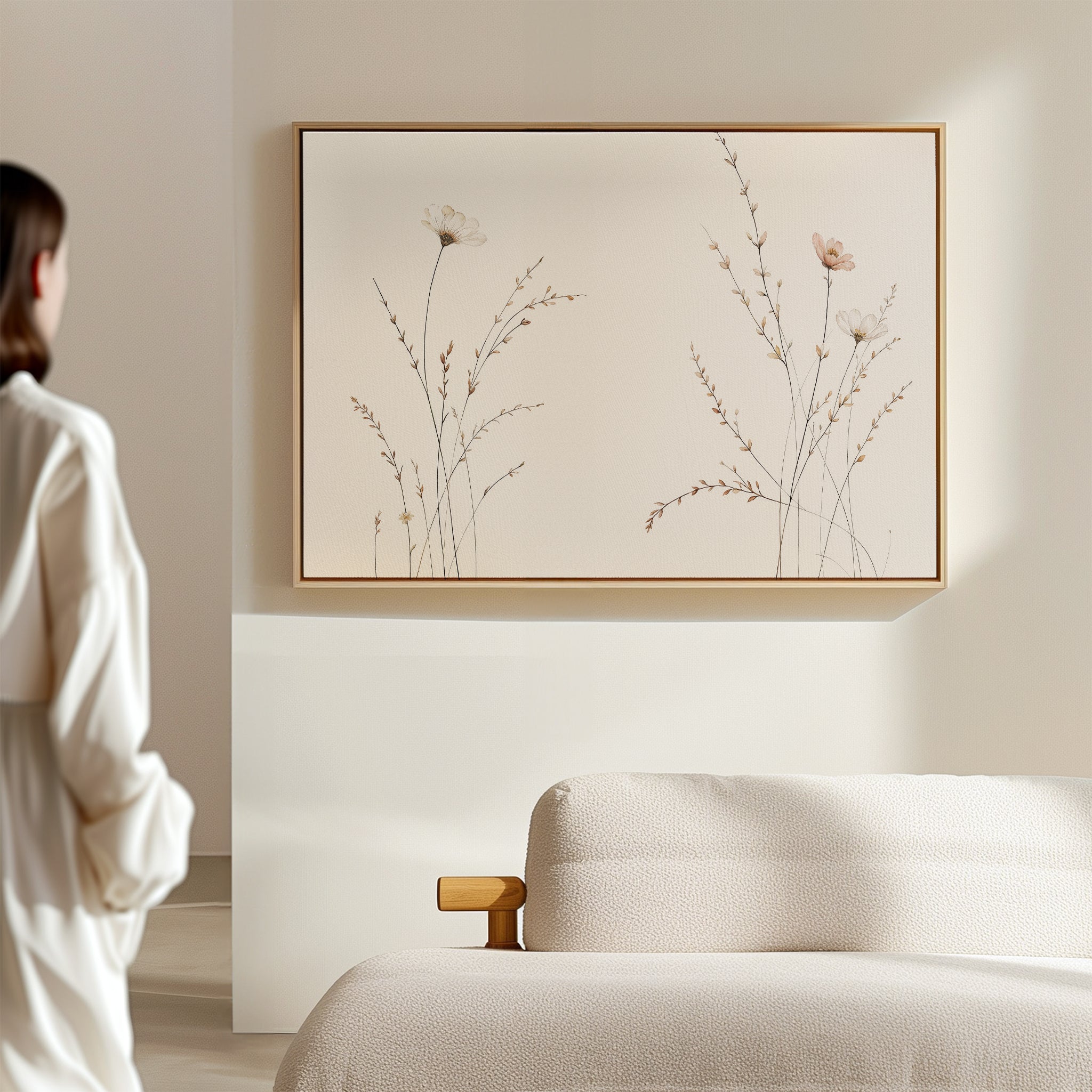 Dressed in white, a person stands by a beige sofa, admiring the Prairie Whispers Canvas Art - Horizontal with delicate wildflowers on a minimalist light wall, creating a modern living room of natural tranquility.