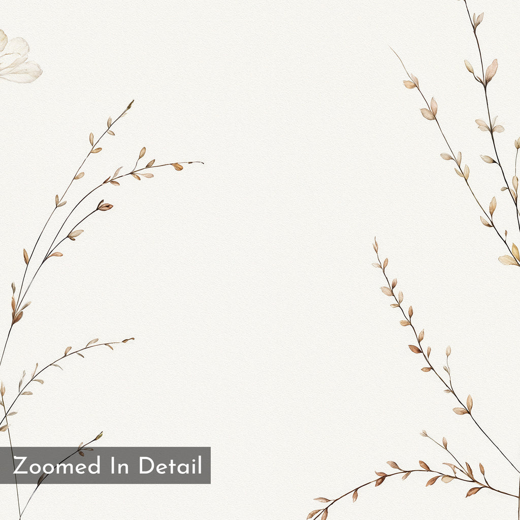 The Prairie Whispers Canvas Art - Horizontal features delicate brown branches with small leaves on a light cream background, accented by a “Zoomed In Detail” gray box. Perfect for bringing natural tranquility to your space.