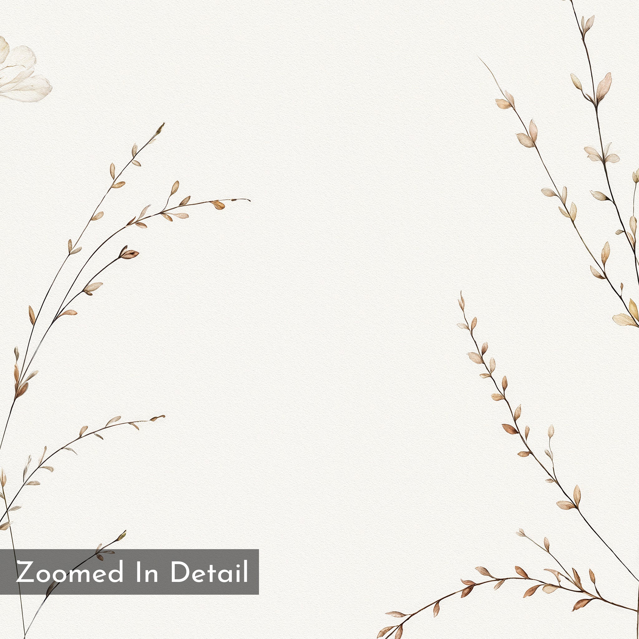 The Prairie Whispers Canvas Art - Horizontal features delicate brown branches with small leaves on a light cream background, accented by a “Zoomed In Detail” gray box. Perfect for bringing natural tranquility to your space.