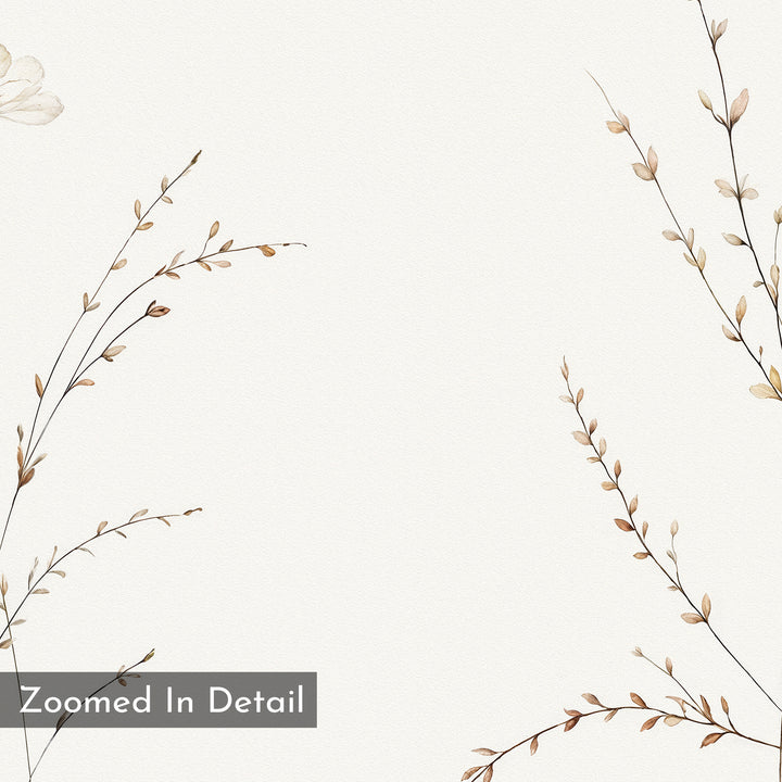 The Prairie Whispers Canvas Art - Horizontal features delicate brown branches with small leaves on a light cream background, accented by a “Zoomed In Detail” gray box. Perfect for bringing natural tranquility to your space.