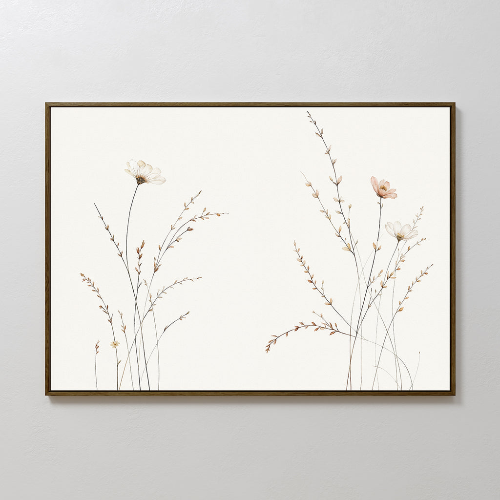 Prairie Whispers Canvas Art - Horizontal features minimalist botanical artwork with light wildflowers and slender stems on a white background in a simple dark frame, adding natural tranquility and an airy touch to your space.