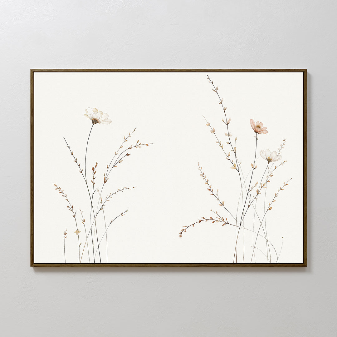 Prairie Whispers Canvas Art - Horizontal features minimalist botanical artwork with light wildflowers and slender stems on a white background in a simple dark frame, adding natural tranquility and an airy touch to your space.