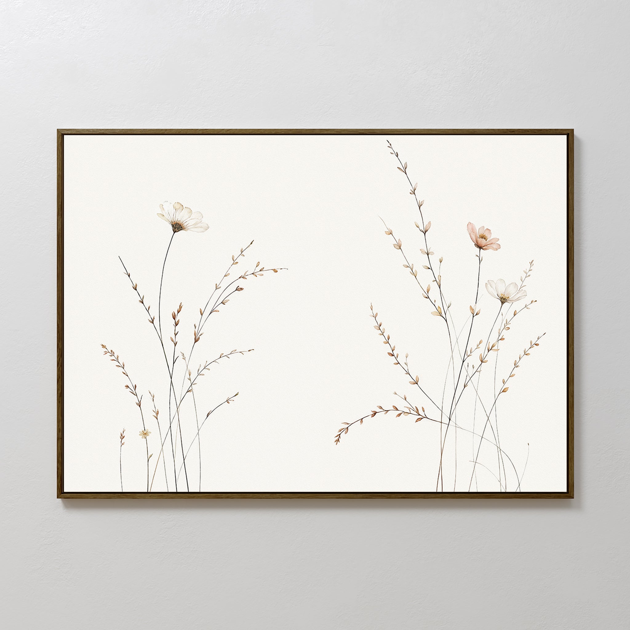 Prairie Whispers Canvas Art - Horizontal features minimalist botanical artwork with light wildflowers and slender stems on a white background in a simple dark frame, adding natural tranquility and an airy touch to your space.