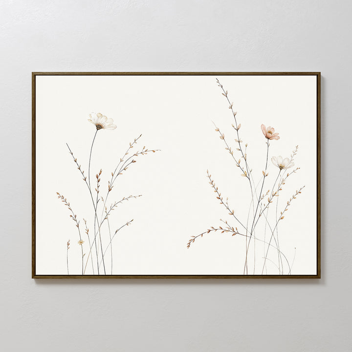 Prairie Whispers Canvas Art - Horizontal features minimalist botanical artwork with light wildflowers and slender stems on a white background in a simple dark frame, adding natural tranquility and an airy touch to your space.
