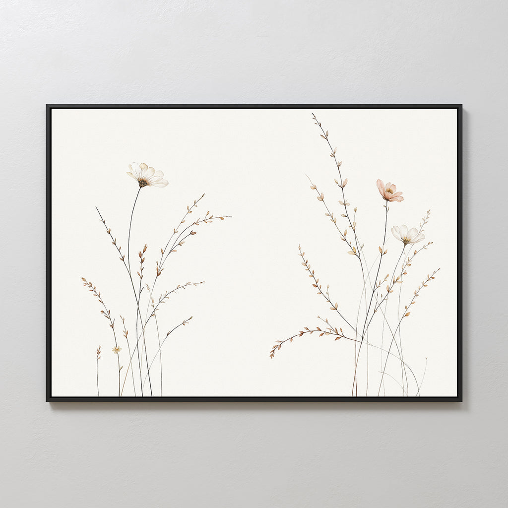 Prairie Whispers Canvas Art - Horizontal features hand-drawn wildflowers with thin stems in soft earthy tones on a white background, framed in black and displayed on a light wall for a serene, minimalist touch.