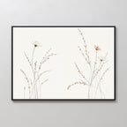Prairie Whispers Canvas Art - Horizontal features hand-drawn wildflowers with thin stems in soft earthy tones on a white background, framed in black and displayed on a light wall for a serene, minimalist touch.