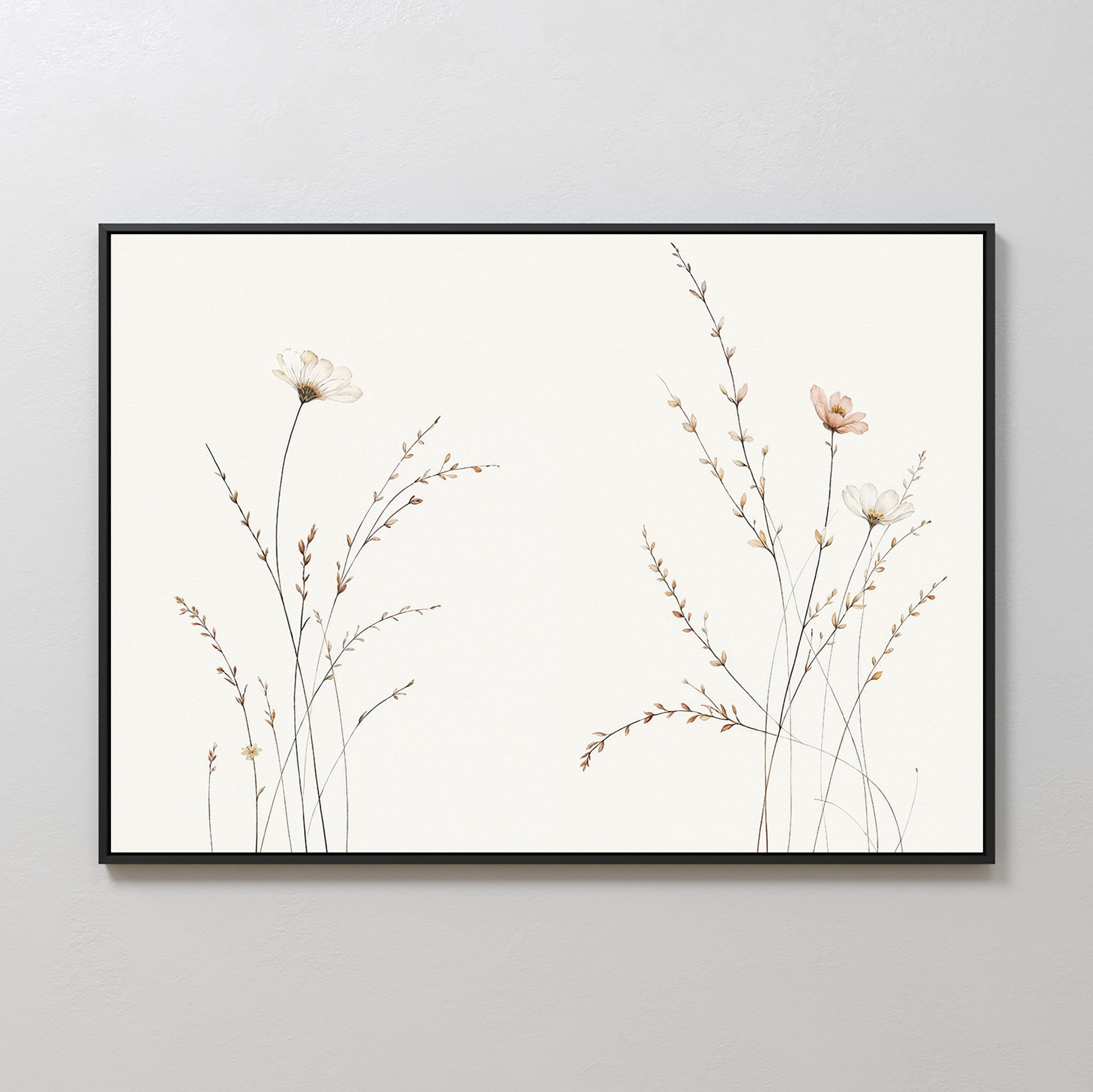 Prairie Whispers Canvas Art - Horizontal features hand-drawn wildflowers with thin stems in soft earthy tones on a white background, framed in black and displayed on a light wall for a serene, minimalist touch.