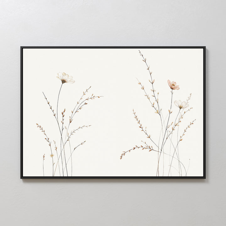Prairie Whispers Canvas Art - Horizontal features hand-drawn wildflowers with thin stems in soft earthy tones on a white background, framed in black and displayed on a light wall for a serene, minimalist touch.
