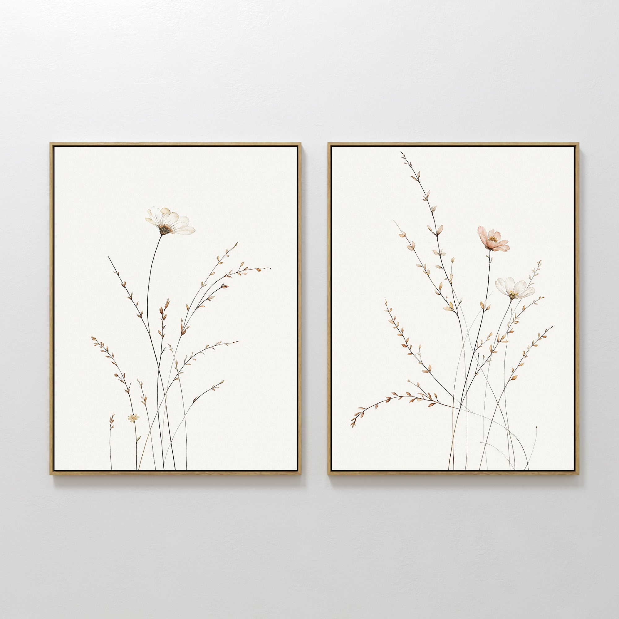 Prairie Whispers - Set of 2 features framed botanical wall art with delicate wildflowers and slender stems in soft, neutral tones, hung side by side—ideal for a Nordic Park-inspired space.