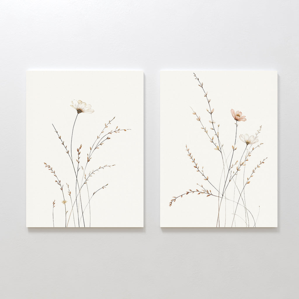 Prairie Whispers - Set of 2: Minimalist botanical wall art prints featuring delicate wildflowers and slender grasses on white, ideal for creating a serene Nordic Park vibe in your space.