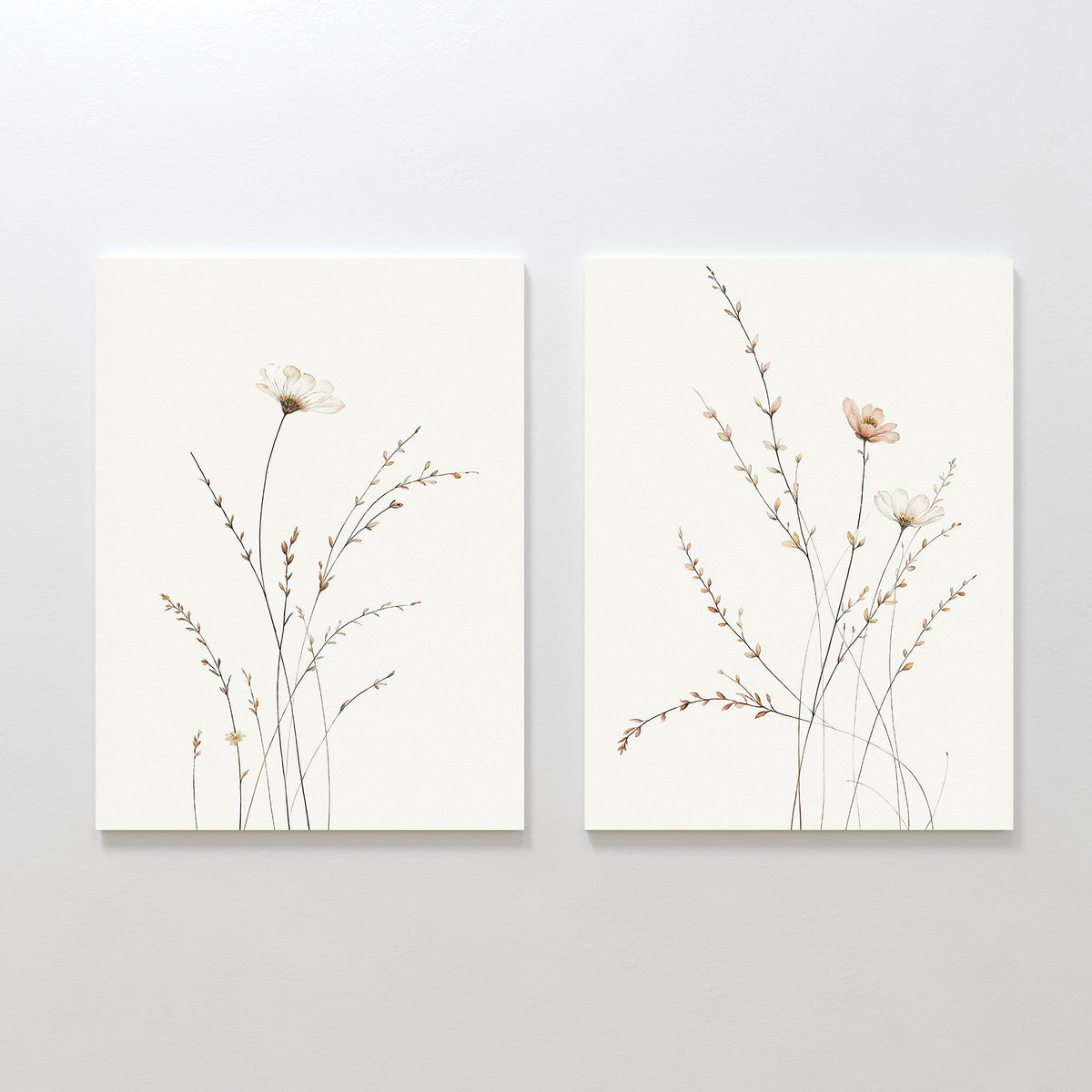 Prairie Whispers - Set of 2: Minimalist botanical wall art prints featuring delicate wildflowers and slender grasses on white, ideal for creating a serene Nordic Park vibe in your space.