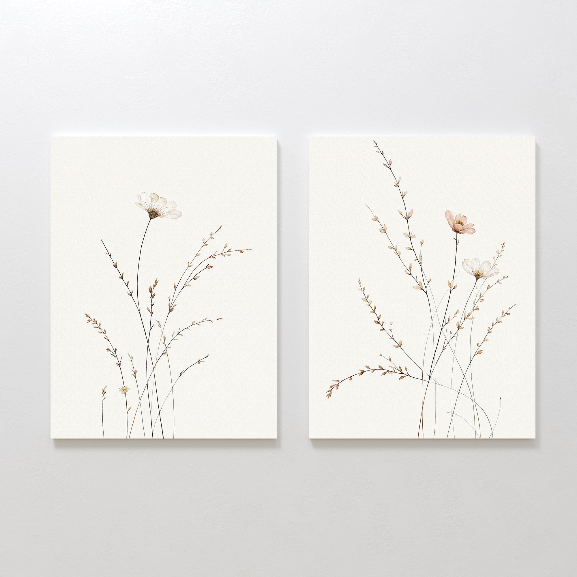Prairie Whispers - Set of 2: Minimalist botanical wall art prints featuring delicate wildflowers and slender grasses on white, ideal for creating a serene Nordic Park vibe in your space.