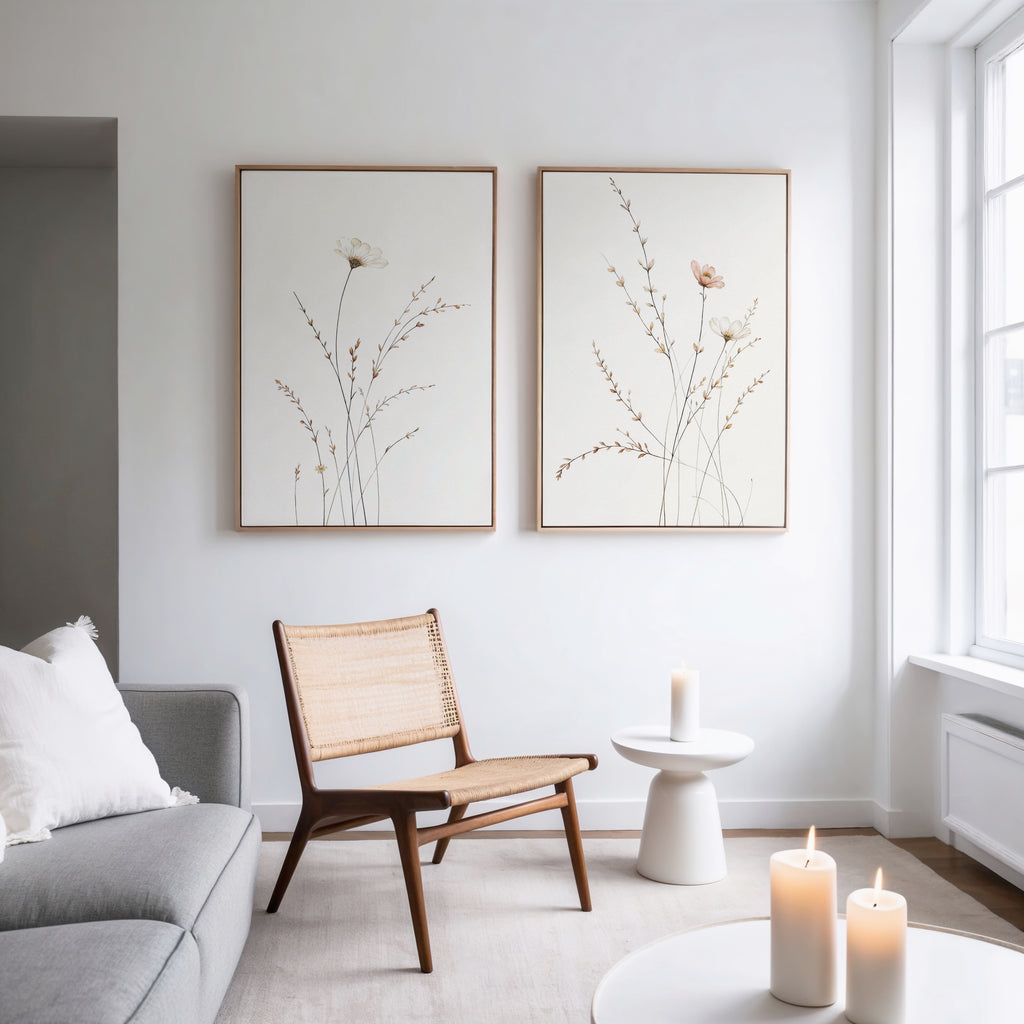 A minimal living room with a wooden chair, round white side table with a lit candle, gray sofa, and Prairie Whispers - Set of 2 botanical wall art on a white wall. Large windows fill the space with natural light.