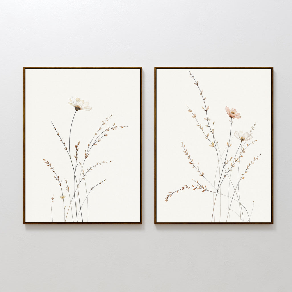 The Prairie Whispers - Set of 2 features minimalist botanical wall art prints with delicate wildflowers on white backgrounds, hung side by side to bring Nordic Park-inspired calm to any room.