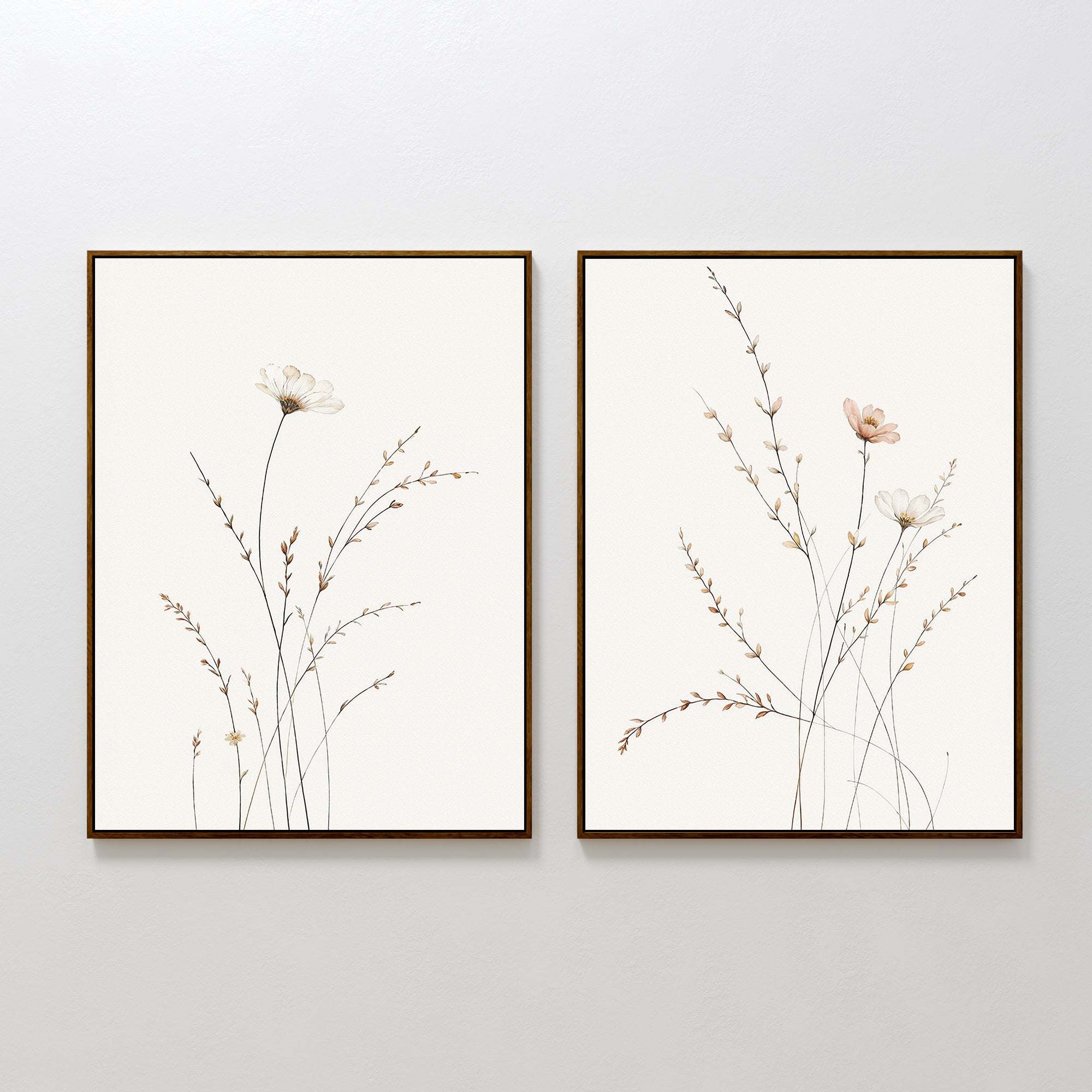 The Prairie Whispers - Set of 2 features minimalist botanical wall art prints with delicate wildflowers on white backgrounds, hung side by side to bring Nordic Park-inspired calm to any room.