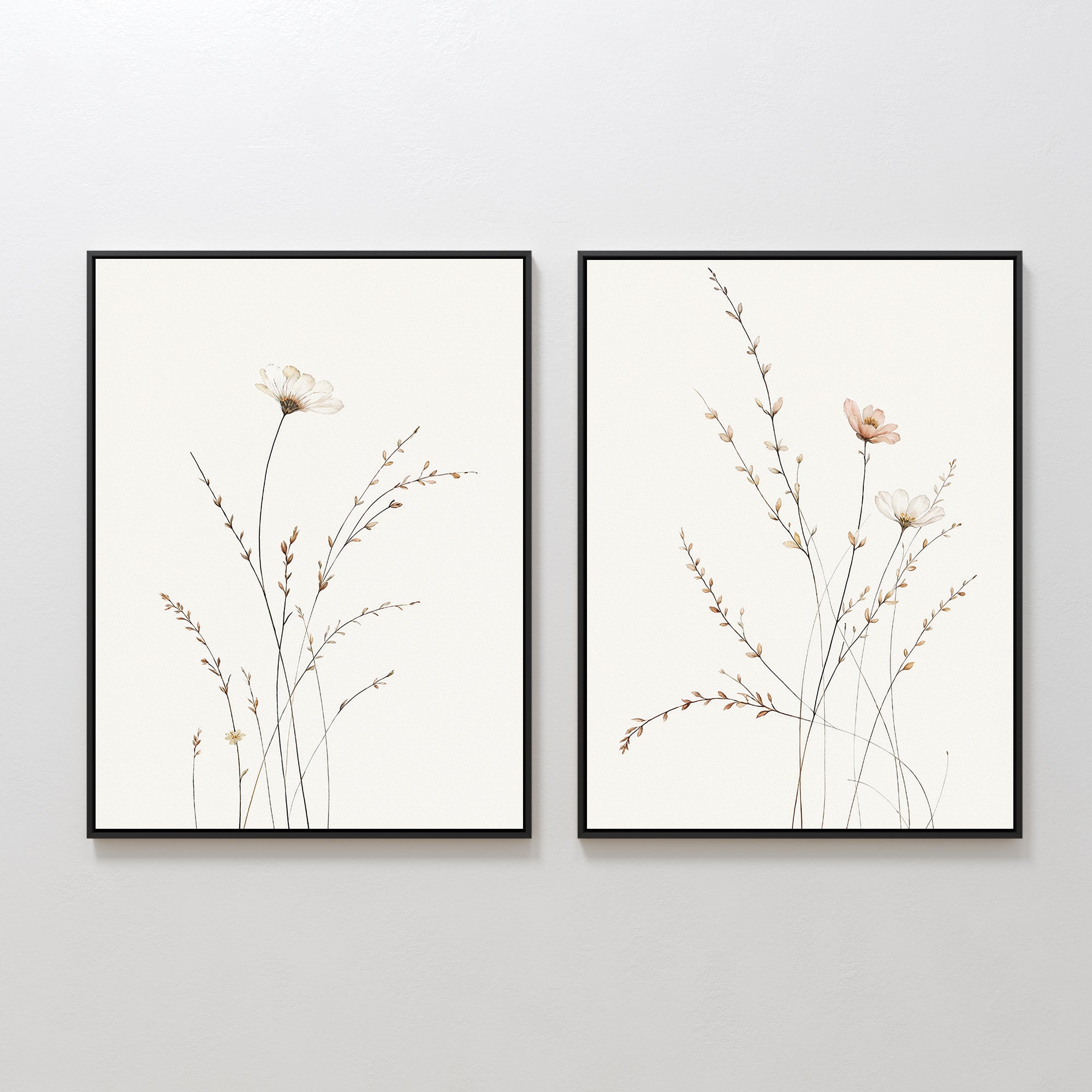Prairie Whispers - Set of 2: Framed minimalist botanical wall art prints with delicate flowers and slender stems on white backgrounds, ideal for adding a Nordic Park touch to your space.