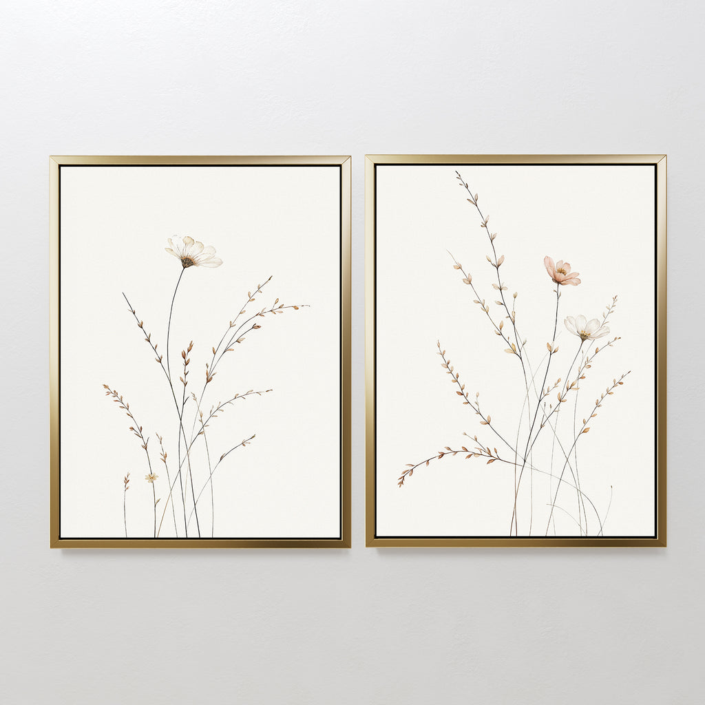 The Prairie Whispers - Set of 2 features minimalist framed art prints with hand-drawn wildflowers and grasses in neutral tones, offering timeless botanical wall art for your space.